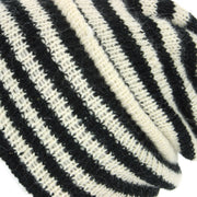 Wool Knit Ridge Beanie Hat with Fleece Lining - White & Black