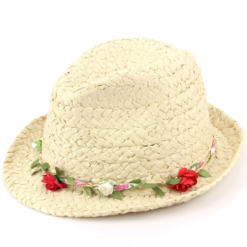 Straw Trilby Fedora Hat with Flower Garland Band