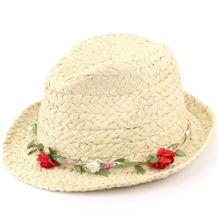 Straw Trilby Fedora Hat with Flower Garland Band