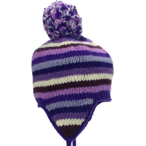 Bonnet à pompon en laine tricoté avec oreillettes - rayures violettes