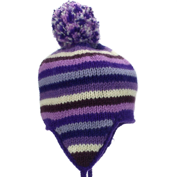 Wool Knit Earflap Bobble Hat - Stripe Purples