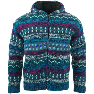 Hand Knitted Wool Hooded Jacket Cardigan - 17 Blue