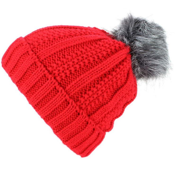 Chunky Beanie Hat with Faux Fur Pom and Super Soft Fleece Lining - Red