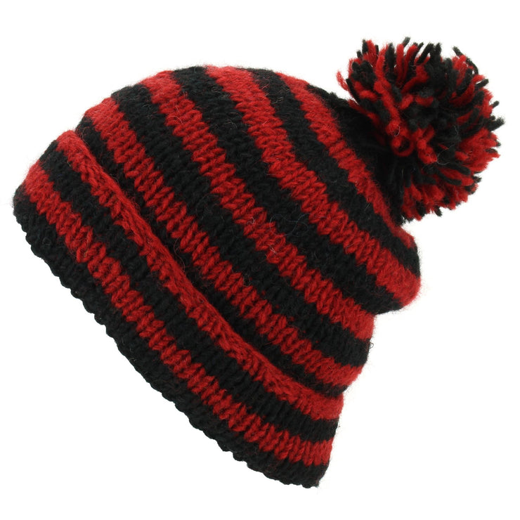 STRIPED POM BALL RIBBED BEANIE RED/BLACK — Hats N Stuff