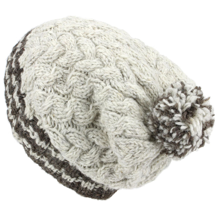 Chunky Wool Cable Knit Big Baggy Slouch Beanie Bobble Hat with Striped Brim - Off White