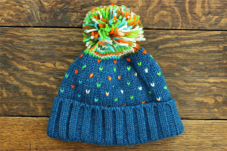 Hand Knitted Wool Beanie Bobble Hat - Tik Tik Blue