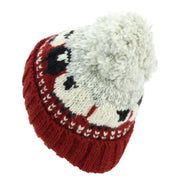 Hand Knitted Wool Beanie Bobble Hat - Sheep - Maroon Grey
