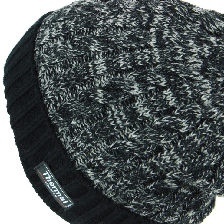 Cable Knit Marl Beanie Hat with Turn-up - Black
