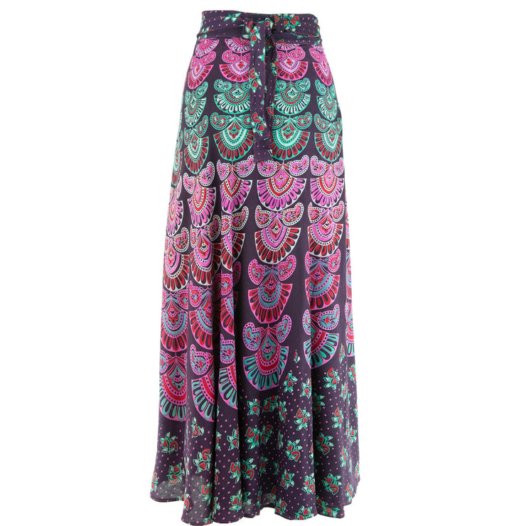 Long Maxi Wrap Skirt with Block Print Mandala - Purple & Teal