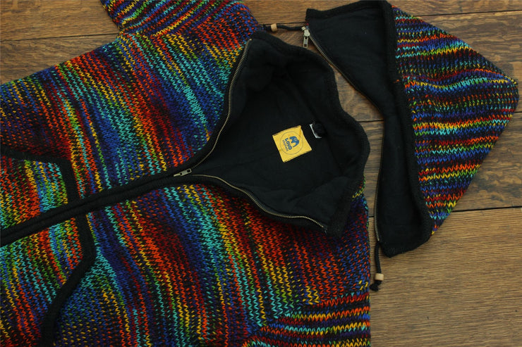 Hand Knitted Wool Hooded Jacket Cardigan - SD Black Rainbow