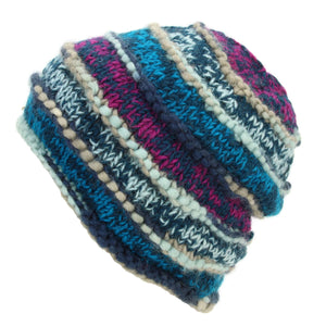 Hand Knitted Wool Beanie Hat - 17 Blue