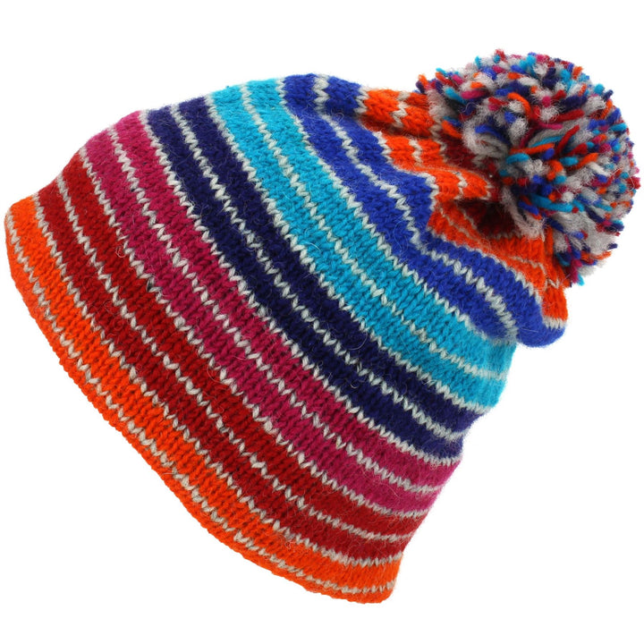 Wool Knit Bobble Beanie Hat - Stripe Blue