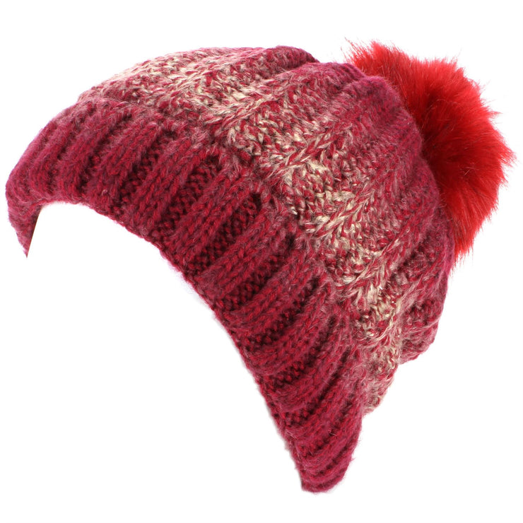 Colour Fade Bobble Beanie Hat with Faux Fur Pom - Red