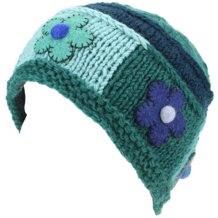 Ladies Wool Knit Beanie Hat with Flower Patch Design - Green