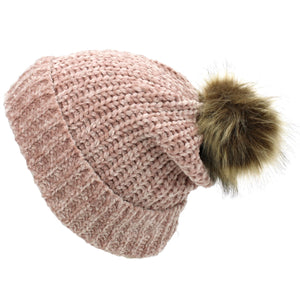 Strikket Beanie Hat med Bobble - Pink