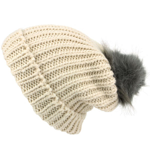 Chunky Knit Beanie Hat with Faux Fur Bobble - Off White