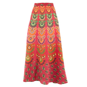 Long Maxi Wrap Skirt with Block Print Mandala - Red & Emerald Green