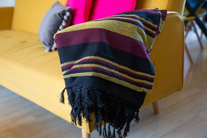 Striped Cotton Blanket With Tassel Edging - Burgundy Gold