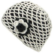 Ladies Wool Knit Crochet Lattice Beanie Hat with Flower - Off White