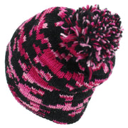 Wool Knit Bobble Beanie Hat - Pink Houndstooth