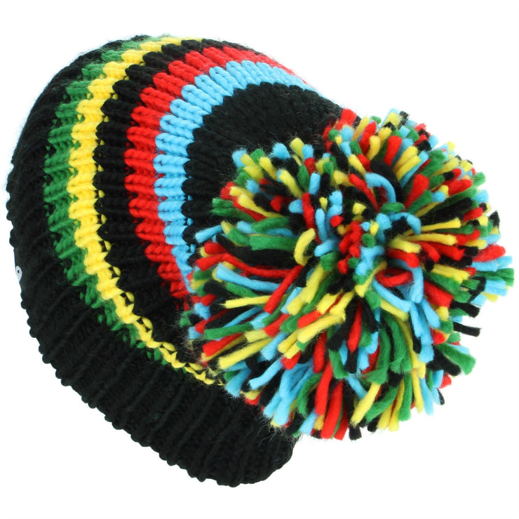 Chunky Acrylic Knit Beanie Hat with a MASSIVE Bobble - Black & Rainbow
