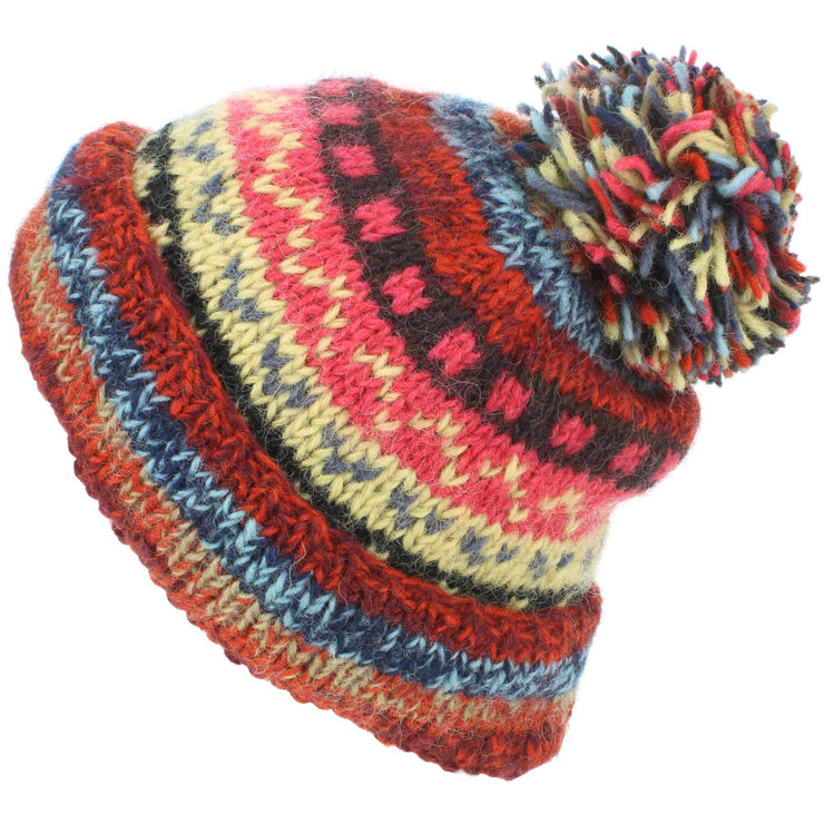 Chunky Wool Knit Abstract Pattern Beanie Bobble Hat - 17 Red