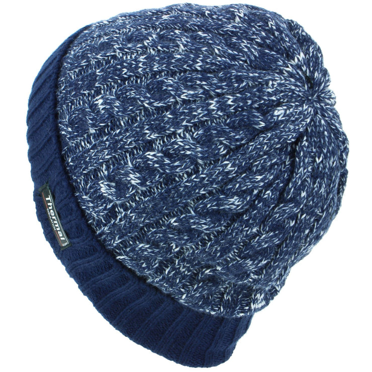 Cable Knit Marl Beanie Hat with Turn-up - Blue