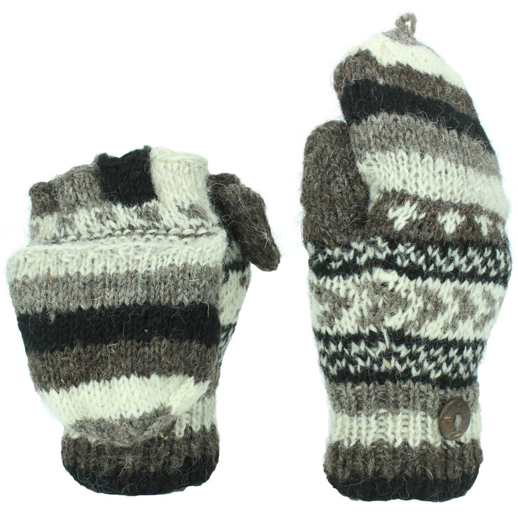 Chunky Wool Knit Fingerless Shooter Gloves - Chevron - Black