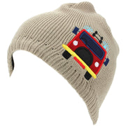 Childrens Fine Knit Beanie Hat with Embroidered Fire Engine - Beige