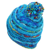 Chunky Wool Knit Beanie Bobble Hat - SD Bright Blue Mix