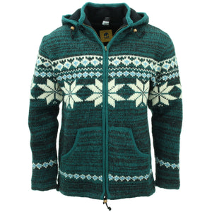 Handgestrickte Strickjacke mit Kapuze aus Wolle – Fairisle Teal