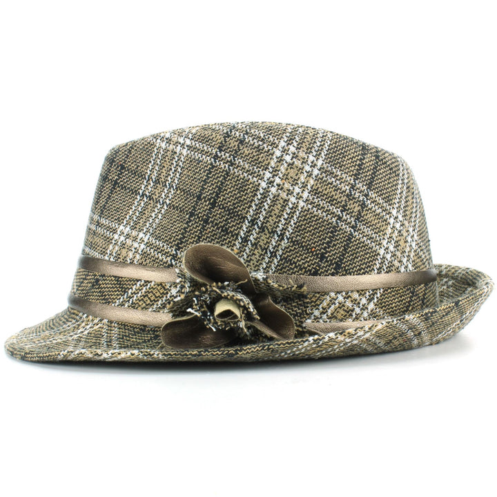 Wool Tweed Trilby Hat with Flower - Beige