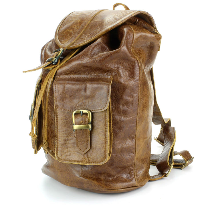 Real Leather Backpack with Two Front Pockets - Brown