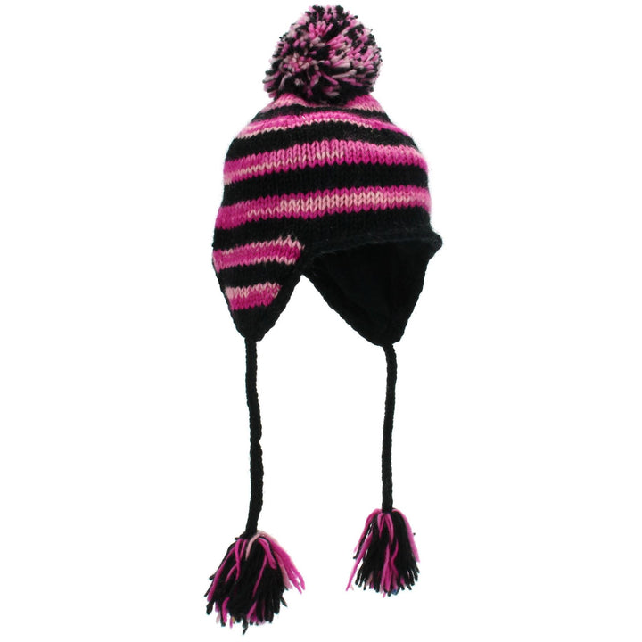 Wool Knit Earflap Bobble Hat - Stripe Black Pink SD