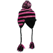 Wool Knit Earflap Bobble Hat - Stripe Black Pink SD