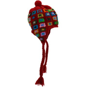 Wool Knit Earflap Bobble Hat - Square Red