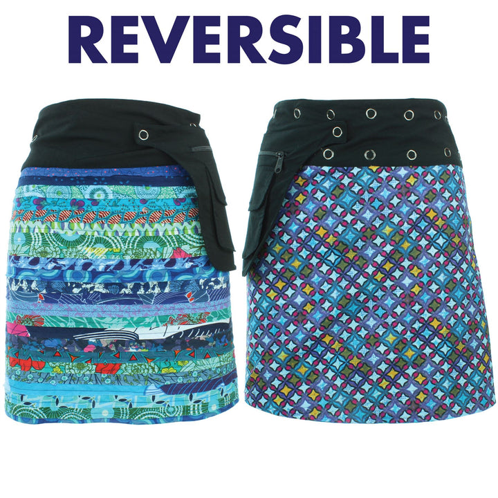 Reversible Popper Wrap Knee Length Skirt - Blue Patch Strips / Diamond Block