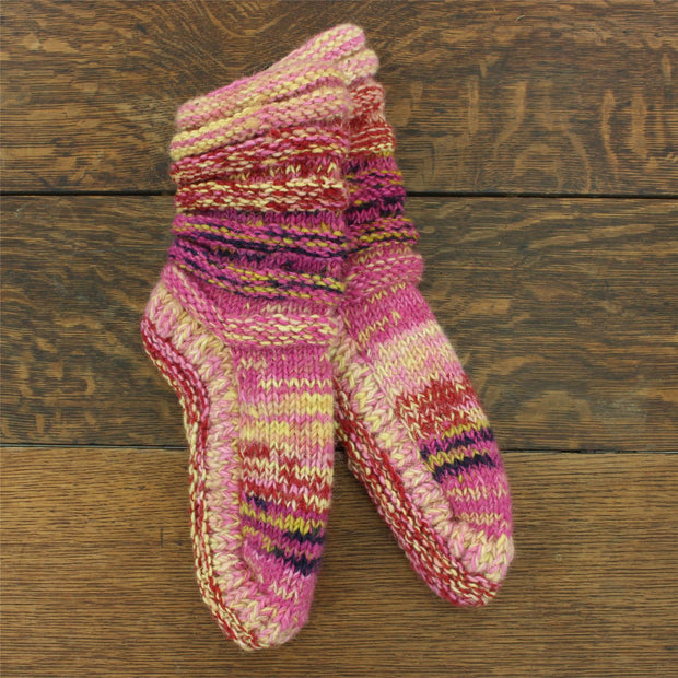 Hand Knitted Wool Slipper Socks Lined - SD Pink Yellow