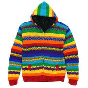 Hand Knitted Wool Hooded Jacket Cardigan - Stripe Rainbow Zig Zag