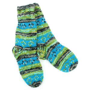 Hand Knitted Wool Slipper Socks Lined - Diamond Blue Green