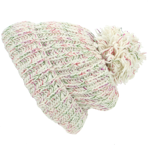 Wool Knit Beanie Bobble Hat - Cream