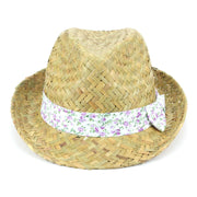 Straw Trilby Fedora Hat with Floral Print Band - Purple