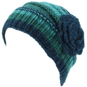 Ladies Chunky Wool Knit Shell Shaped Beanie Hat with Side Flower - Teal