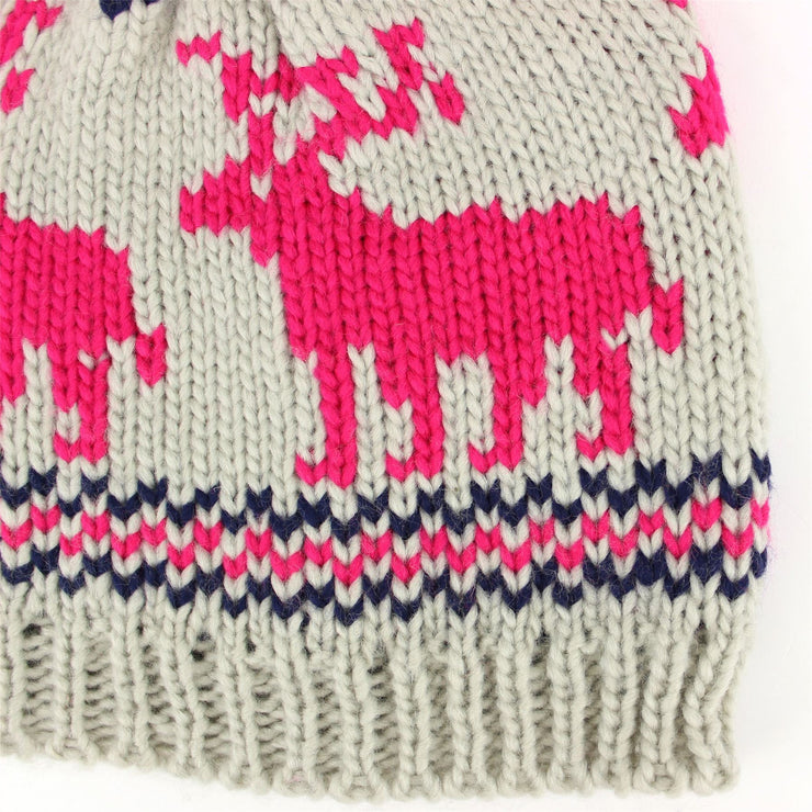 chunky knit bobble beanie hat with reindeer design - Pink