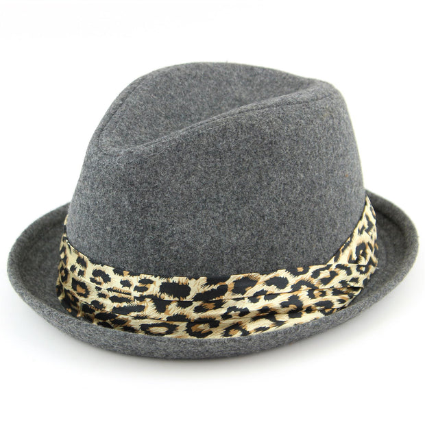 Women's felt rolled brim trilby hat with satin leopard print band - Grey (57cm)