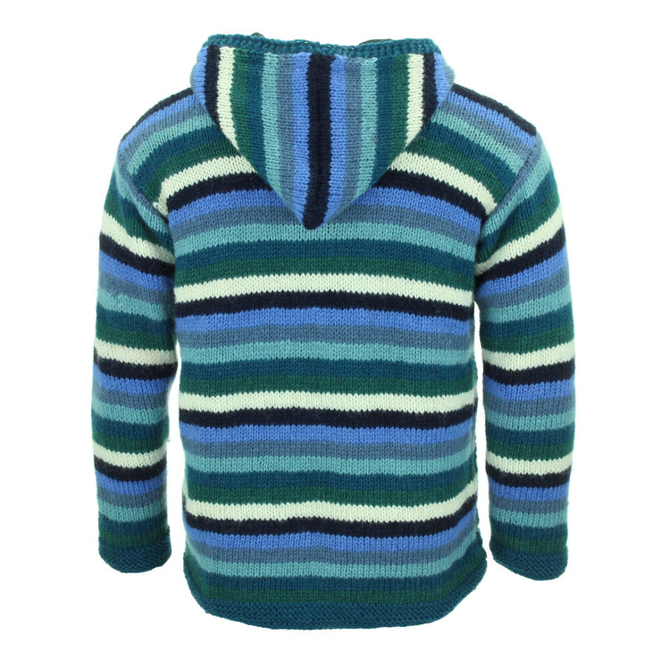 Hand Knitted Wool Hooded Jacket Cardigan - Stripe Blue