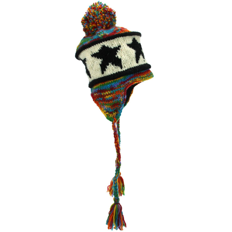 Wool Knit Earflap Bobble Hat - Star Rainbow SD