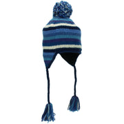 Wool Knit Earflap Bobble Hat - Stripe Blue White