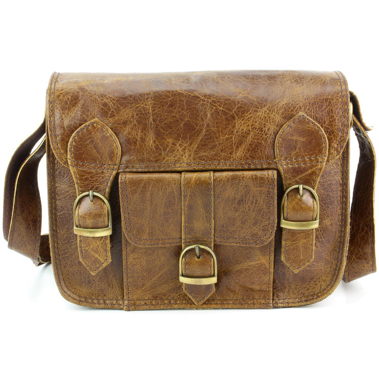 Real Leather Satchel with Front Pocket - Brown