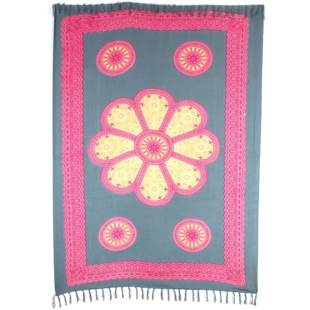 Flower Mandala with Border Print Viscose Rayon Sarong - Green & Pink
